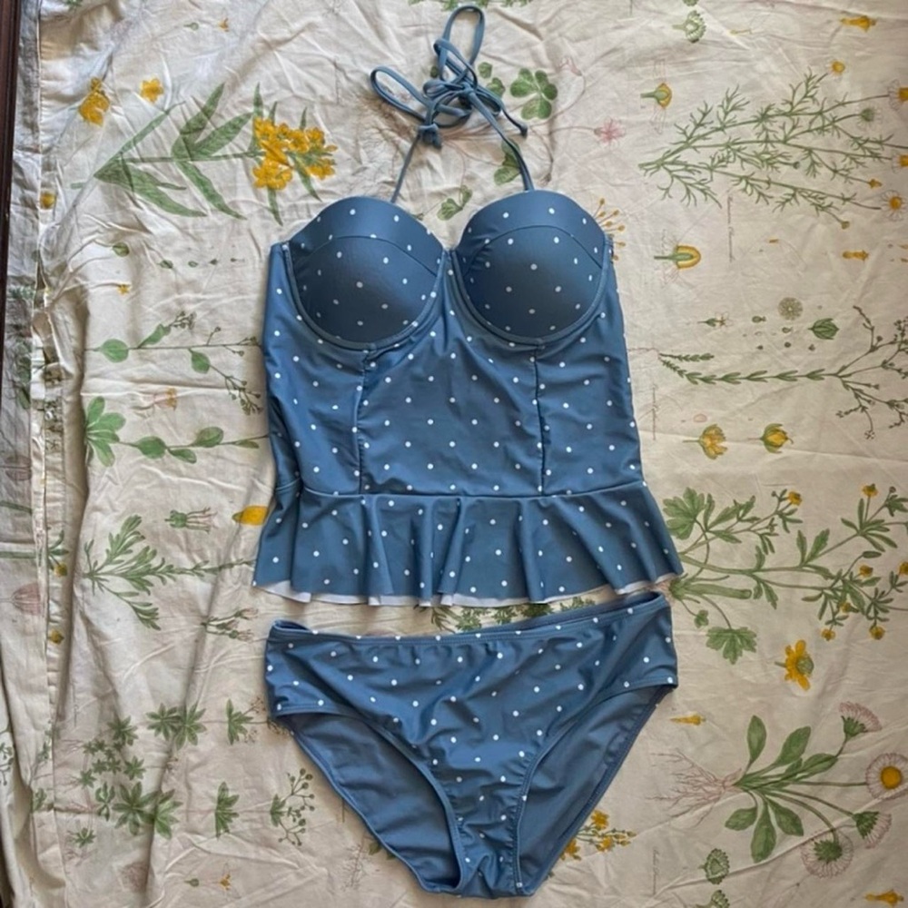 SOLD- Baby blue & white, polka dot, halter tankini.